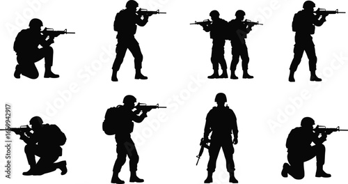 Silhouettes of armed soldiers in tactical poses, military rifle combat stances, kneeling and standing positions, black vector illustration for defense themes
