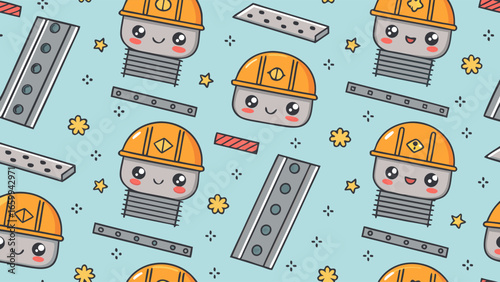 Cute Kawaii Construction Worker Helmets and Metal Beams Seamless Pattern on a Light Blue Background