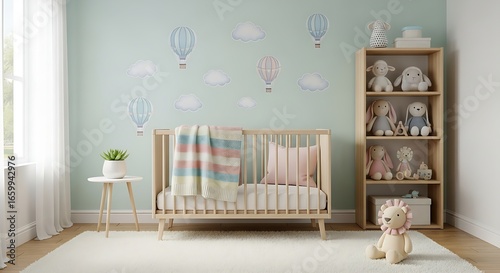 A nursery with a crib and bookshelf filled with stuffed animals and hot air balloon wall decorations