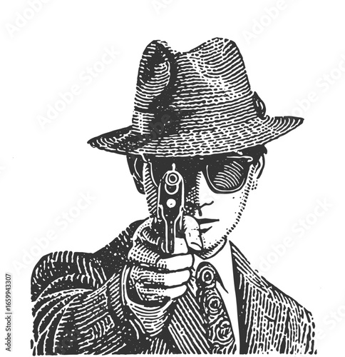 A tough looking character in a fedora, pointing a gun straight at you. Vintage style woodcut engraving linocut style vector illustration.