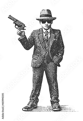 Illustration of a sharp-dressed gangster in a classic pose, holding a gun. Vintage style woodcut engraving linocut style vector illustration.