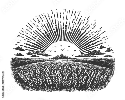 The sun rises over a field of wheat, heralding a new day in the countryside. Vintage style woodcut engraving linocut style vector illustration.