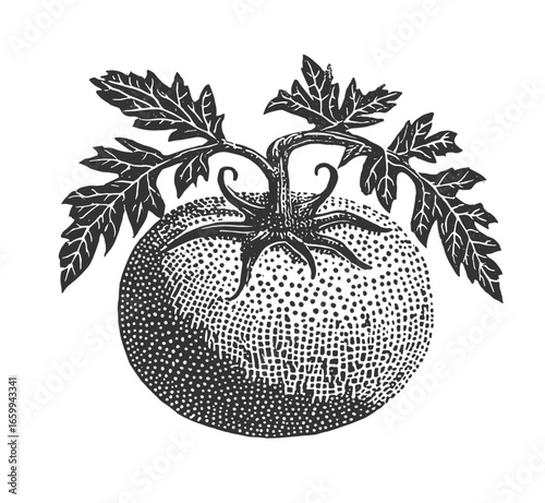 A detailed vintage illustration showcasing a ripe tomato with lush leaves in black and white. Vintage style woodcut engraving linocut style vector illustration.