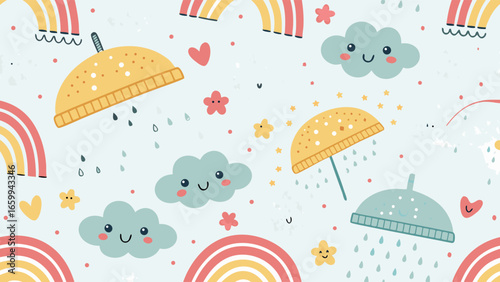 Cute childish seamless pattern with kawaii smiling clouds, colorful rainbows, and umbrellas. Adorable cartoon weather background for kids.