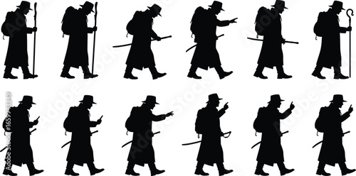 Walking man silhouette set, traveler poses vector, backpack and sword clipart, hat and coat figure illustration, walking stick character design elements