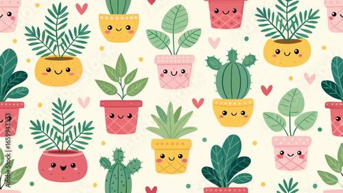 Seamless pattern of cute kawaii potted plants and succulents in colorful pots. Adorable cartoon houseplants with happy faces for a cheerful background.