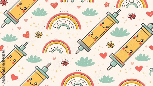 Adorable cartoon syringes and vibrant rainbows create a cheerful, seamless pattern, perfect for pediatric health, vaccination campaigns, and positive medical awareness designs.
