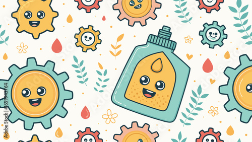 Happy gears and glue bottle with plants and flowers background illustration