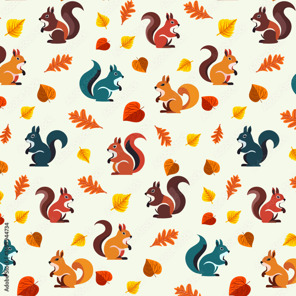 Fototapeta premium Multicolored squirrels in a pattern.Vector pattern with colorful squirrels and autumn leaves.