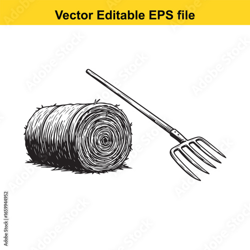 Hay bale and pitchfork isolated on white background