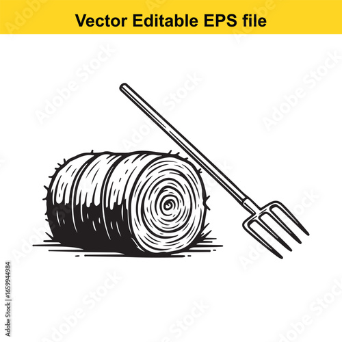 Hay bale and pitchfork isolated on white background