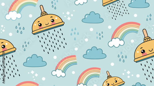 Cheerful seamless pattern of cute rain showers, soft clouds, and bright rainbows