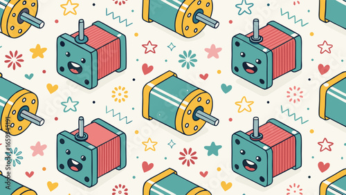 Vector seamless pattern of cute kawaii stepper motors with happy smiling faces