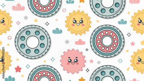 Charming Seamless Background with Cute Cartoon Gears and Bearings for Children