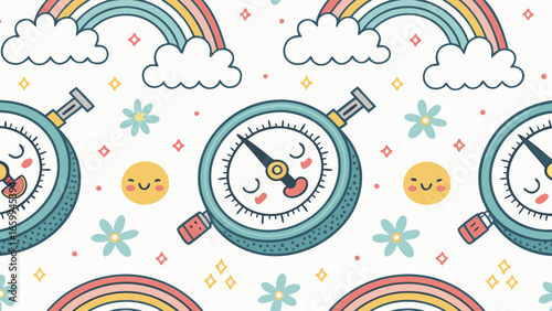Whimsical Gauge Pattern Rainbows, Clouds, and Smiling Faces for Delightful Designs