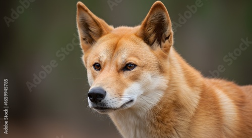 Close-up portrait of a dingo with a blurred green background.