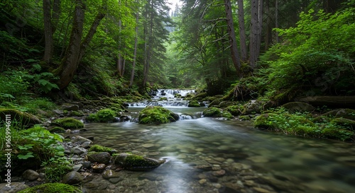 Serene forest stream flowing through a rocky channel with lush greenery and tall trees in the background.