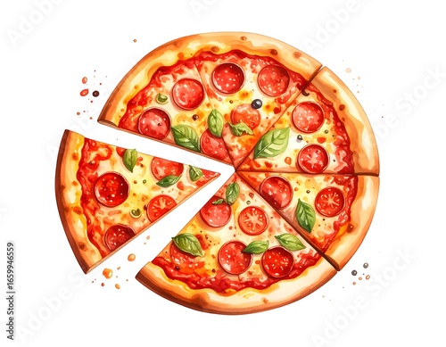 A pizza with slices removed, painted in style