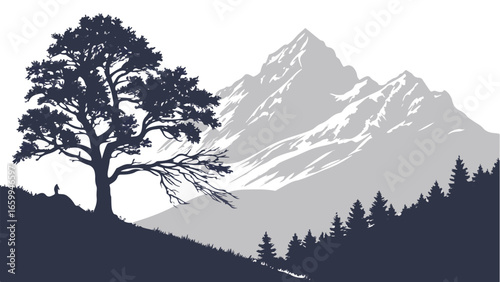 A black-and-white drawing depicts a landscape with mountains, trees, and grassy foreground.
