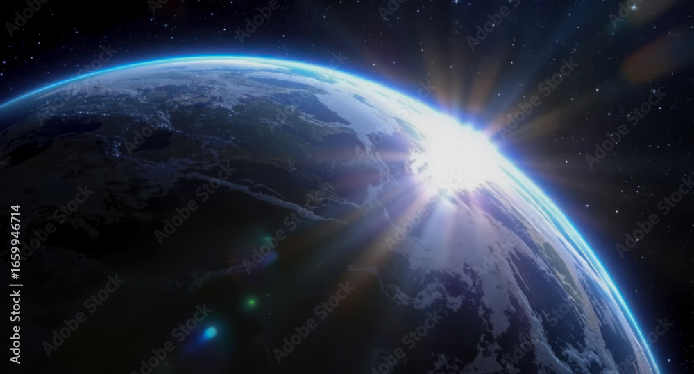 Fototapeta premium Sunrise view of Earth from space, with bright light radiating across the planet.