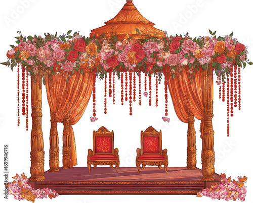 Indian Wedding Mandap with Red Chairs and Floral Decor altar ceremony