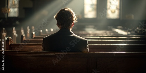 Back view of Man sitting alone in empty church and praying, sunlight