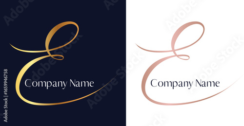E Letter Initial Calligraphy Logo Design Template Elegant Luxury Feminine Graphic Classic Gold Rose Blue Royal Classy Business Company Vintage Wedding Symbol Editable Style Woman Girl Glamour Swirl 