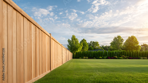 Wallpaper Mural warm sunshine illuminates natural wooden privacy fence bordering rich green lawn manicured garden eco friendly outdoor design offers serene retreat with beautiful landscaping bright sky creating Torontodigital.ca