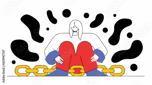 Vector of Person with long hair sits calmly with red pants and blue sleeves, surrounded by broken yellow chains and abstract black shapes