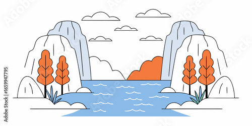 Vector of Serene river flowing between rocky cliffs with autumn trees and clouds in minimalist landscape