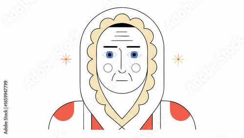 Vector of Elderly woman in traditional winter clothing with blue eyes and neutral expression, minimal flat style