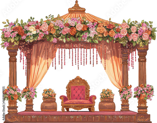 Lavish Indian Wedding Mandap with a Single Ornate Chair and Floral Accents altar ceremony
