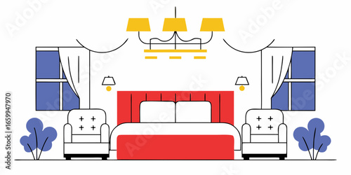 Vector of Modern bedroom interior design with red bed, white armchairs, blue curtains, and yellow chandelier