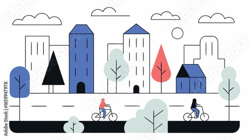 Vector of Modern urban cityscape with green spaces, people riding bicycles, and minimalist buildings