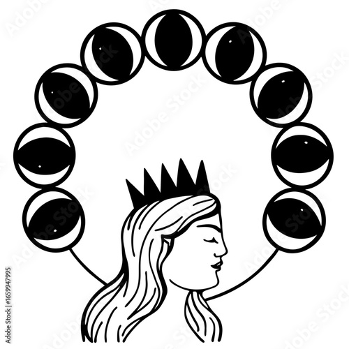 Vector of Moon phases forming crown above female profile, celestial, mystical, feminine, silhouette, lunar cycle