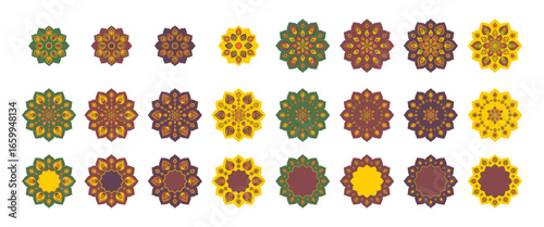 Set of Indian Rangoli for Diwali, festival of lights. Geometric abstract flower, mandala. Green and brown, yellow colors. Vector illustration.