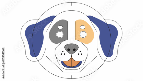 Vector of Happy smiling dog face with colorful patches and floppy ears on white background