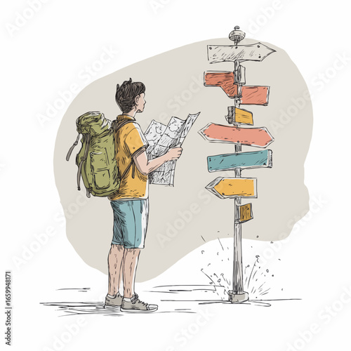 Lost traveler with map near signpost trying to navigate route