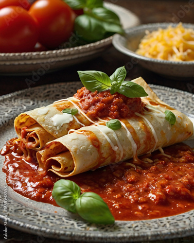 Savory enchiladas with rich tomato sauce and fresh basil garnish cheese Mexican food