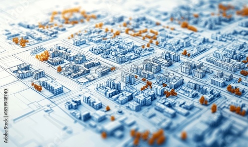 Detailed technical blueprint showcasing urban planning and city zoning. The layout includes residential, commercial, and industrial zones, as well as transportation routes, Generative AI