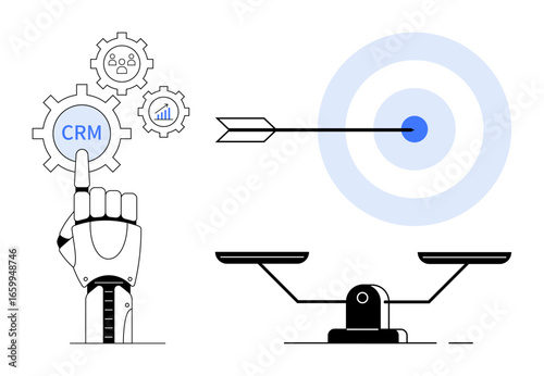 Robotic hand touching CRM settings gears, target with arrow in center, and balanced scale. Ideal for automation, precision, CRM systems, AI, business strategy efficiency balance. Simple flat