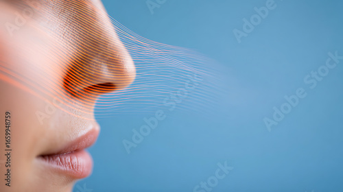 macro side view of human nose with abstract wave patterns orange glow skin smell inhalation illustration of detecting scents through olfactory system concept of fragrance aroma perfume