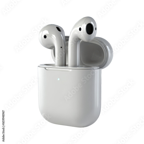 White wireless earbuds in charging case, digital render