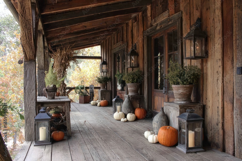 Naklejka premium Rustic porch decorations lanterns fall.