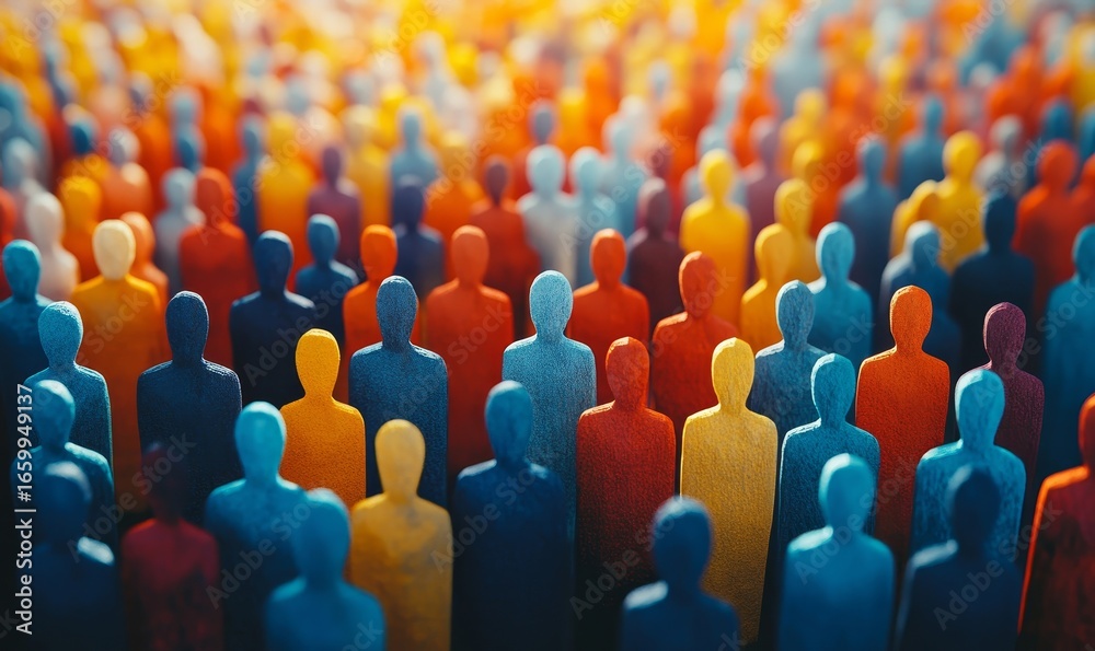 Fototapeta premium Abstract representation of a diverse crowd, depicted as colorful shapes of people. The image emphasizes the diversity and unity of humanity, showcasing the importance of inclusion, Generative AI
