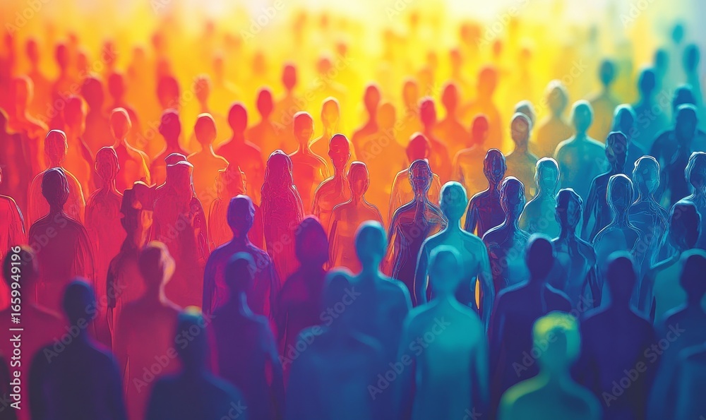 Obraz premium Abstract representation of a diverse crowd, depicted as colorful shapes of people. The image emphasizes the diversity and unity of humanity, showcasing the importance of inclusion, Generative AI