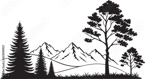 A black and white illustration depicts a mountainous landscape with trees.
