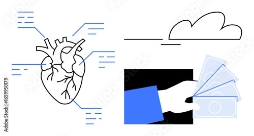Anatomical heart diagram with data points, a cloud icon, and a hand holding cash. Ideal for finance, healthcare, technology, data analysis, industry connection, innovation simple flat metaphor