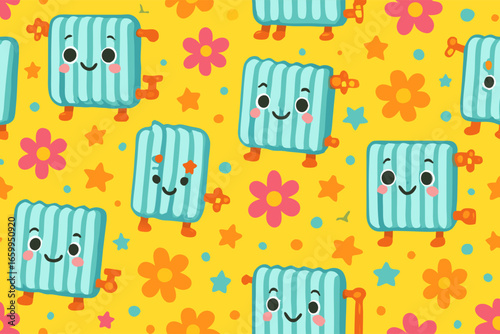 Cheerful Radiators and Floral Pattern on Yellow Backdrop