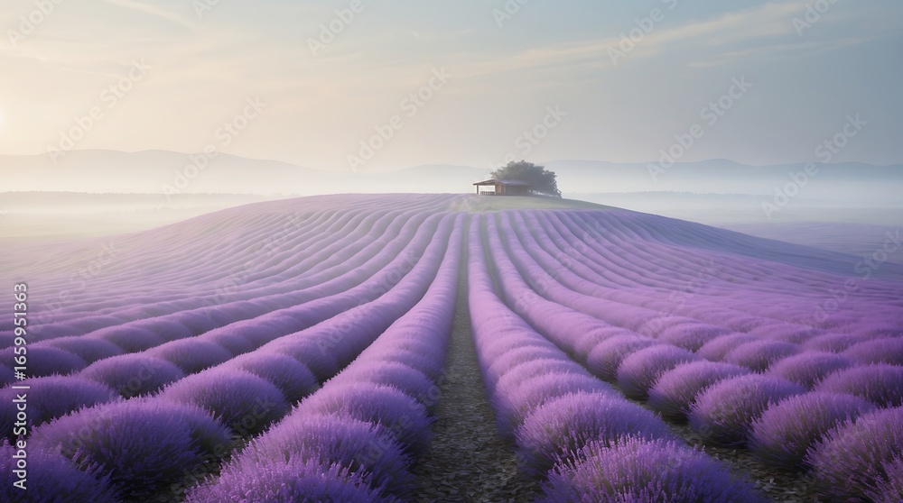 Fototapeta premium Tranquil sunrise view of a lavender field perspective, showcasing rows of purple lavender plants leading to a small house on a hill, captured with a wide-angle lens and